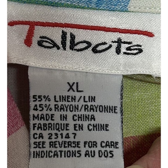 Talbots Top Womens XL Multi Plaid Linen Blend Button-Up Long Sleeve Blouse - Picture 6 of 8
